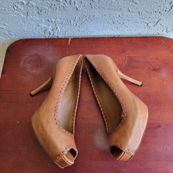 Gucci Brown Leather Whipstitch Peep-Toe Platform Pumps Size EU 37.5 (US 7-7.5) - Picture 8 of 13